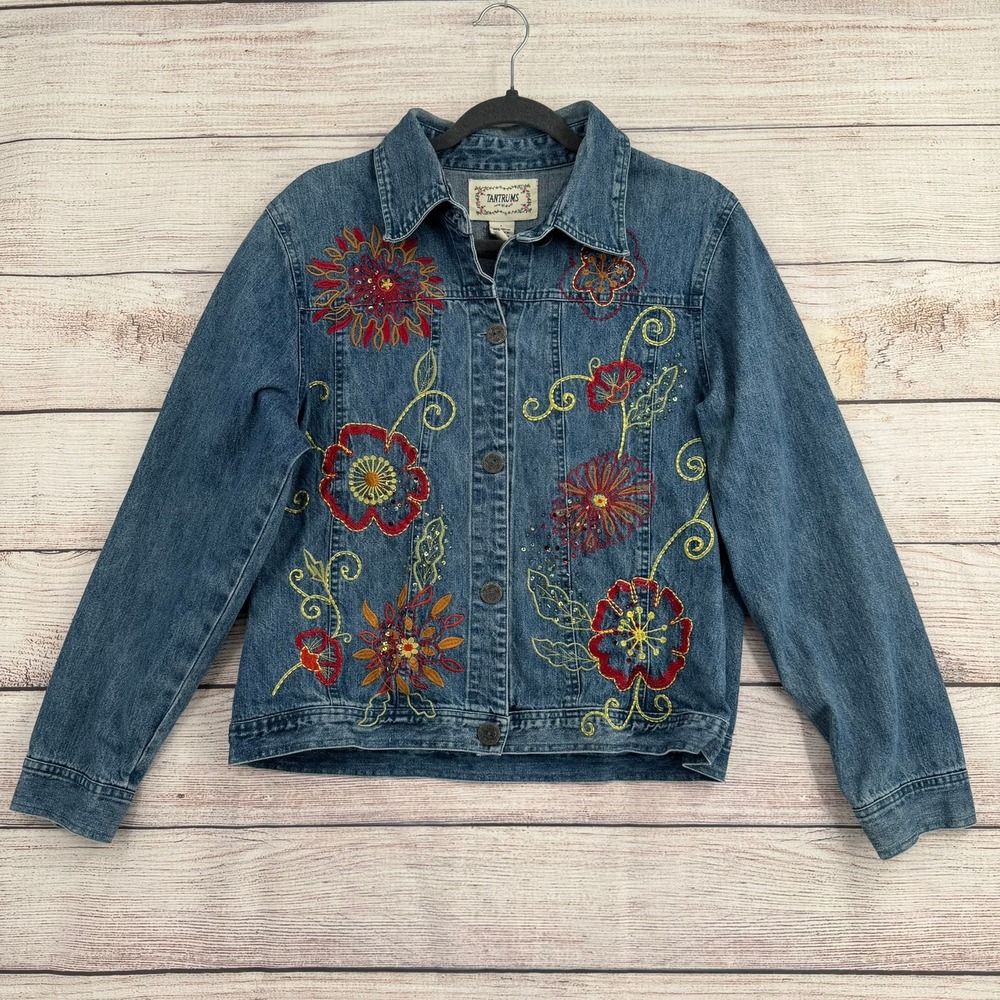 Tantrums Denim Jacket Women L Blue Floral Embroidered Sequin Vintage Style